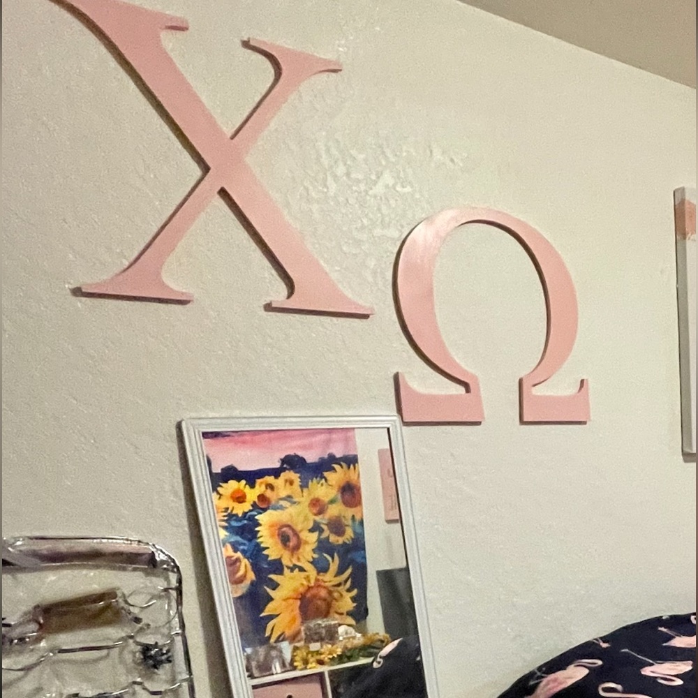 Large Chi Omega Greek wooden letters in pink